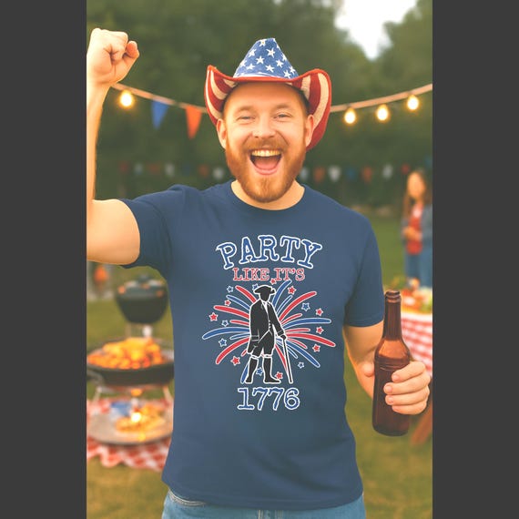 Patriotic 4th of July Tee - Party Like It’s 1776 Shirt with Colonial Fireworks - Independence Day Funny T-Shirt - Revolutionary Tee - BBQ