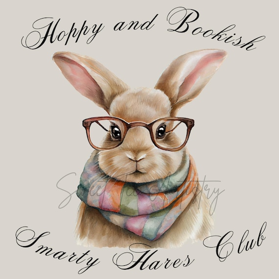 Hoppy and Bookish PNG | Smarty Hares Club Digital Design | Book Lover Bunny Art | Reading Rabbit Digital Download | Easter Library Decor
