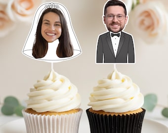 Bride and Groom Photo Head Cupcake Topper, Confetti, & Banner | Bachelorette Bachelor Party Decor | Engagement, Wedding, or Bridal Shower