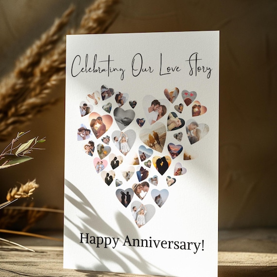 Personalized Photo Anniversary Card, Celebrating Our Love Story, Custom Heart-Shaped Collage - Perfect for Him or Her - Unique Couples Gift