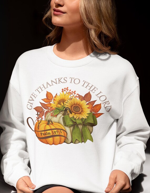 Pumpkin  Sunflower PNG with Bible Verse Psalms 107:1, Give Thanks To The Lord, Inspirational Autumn Decor, Christian Thanksgiving Png