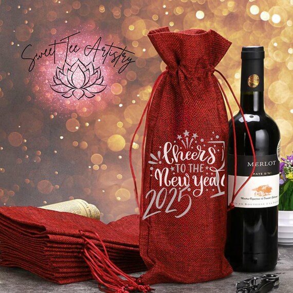 2025 Happy New Year Wine Bottle Gift Bag - New Years Party Host Gift - Champaign, Whiskey, Tequila, Vodka Bottle Gift Bags
