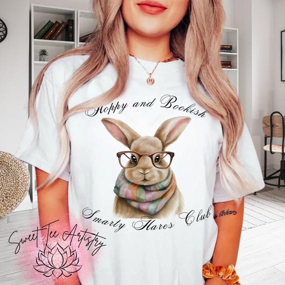 Easter Shirt Hoppy & Bookish T-Shirt | Smarty Hares Club Book Lover Tee | Reading Rabbit Librarian Teacher Gift | Literary Bunny Adult Shirt