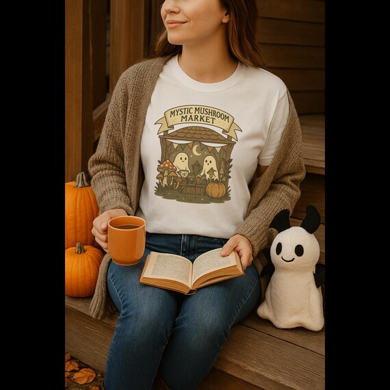 Mystic Mushroom Market Ghost Sweatshirt – Cottagecore Halloween Shirt, Cozy Witchcore Pullover, Book Lover Gift, Fall Aesthetic Top