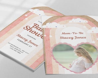 Boho Rainbow Baby Shower Invitation Template: Photo, Rustic (Digital Download)