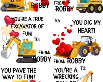 Construction Truck Valentine's Cards: Kids School Exchange (Printable PDF or Printed)