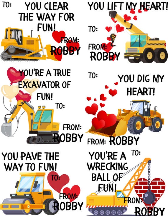 Construction Valentine's Cards, Heavy Machinery Cards, Printable PDF or Printed, Excavator Valentines, Kids School Valentine's, Dump Truck