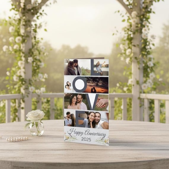 Personalized Photo Anniversary Card, Custom LOVE Photo Collage Greeting Card, Printed or Digital Download, Couple Wedding Anniversary Gift
