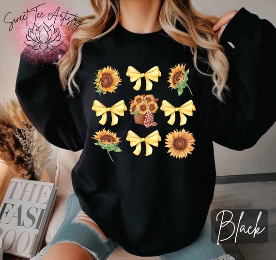 Charming Fall Sunflower Coquette Bow Cozy Sweatshirt - Perfect for Fall & Summer - Autumn Coquette T-Shirt - Thanksgiving Shirt