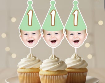 Customized First Birthday Face Cupcake Topper Pastel Party Hat – Personalized Baby Face Cutout Topper for Milestone Celebration - Onderland