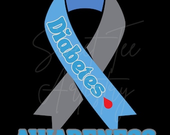 Diabetes Awareness PNG Digital Download, Blue and Grey Ribbon with Blood Drop - Support Diabetes Awareness