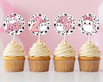 Little Boo is Two Cupcake Toppers | Cute Pink Ghost Birthday Decoration | Western Cow Print Halloween Party | Spooky Two Cupcake Decor