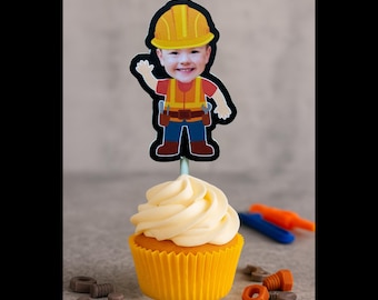 Custom Construction Birthday Cupcake Toppers • Printable DIY Party Decor • Add Child’s Face • Digital Download • Trucks & Tools Theme