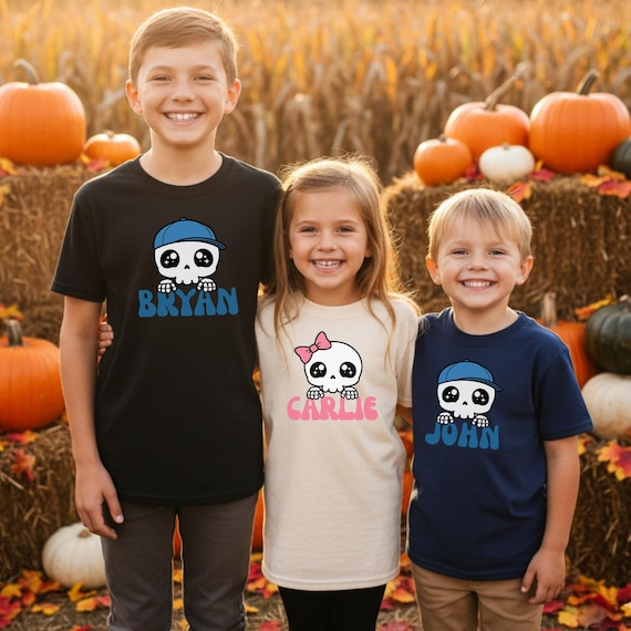 Personalized Spooky Skull Shirt for Boys | Custom Fall Halloween Skeleton Tee | Matching Sibling Outfit | First Halloween Baby Onesie