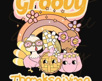 Groovy Thanksgiving PNG: Retro Turkey, Pumpkins, and Pie (Digital Download)