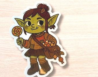 Goblin Girl Sticker – Cute Fall Fantasy Sticker, Cozy Autumn Goblin with Candy & Lollipop – Cottagecore Vinyl Laptop Sticker