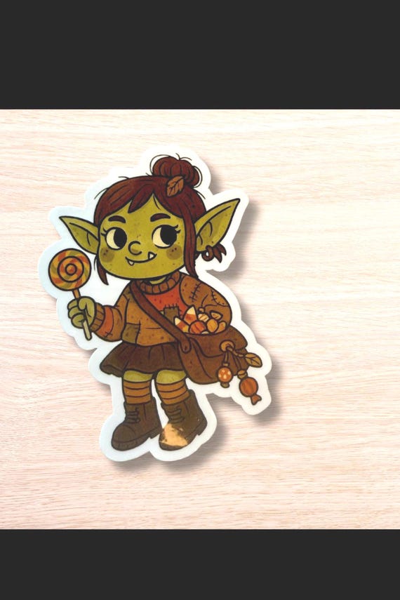 Goblin Girl Sticker – Cute Fall Fantasy Sticker, Cozy Autumn Goblin with Candy & Lollipop – Cottagecore Vinyl Laptop Sticker