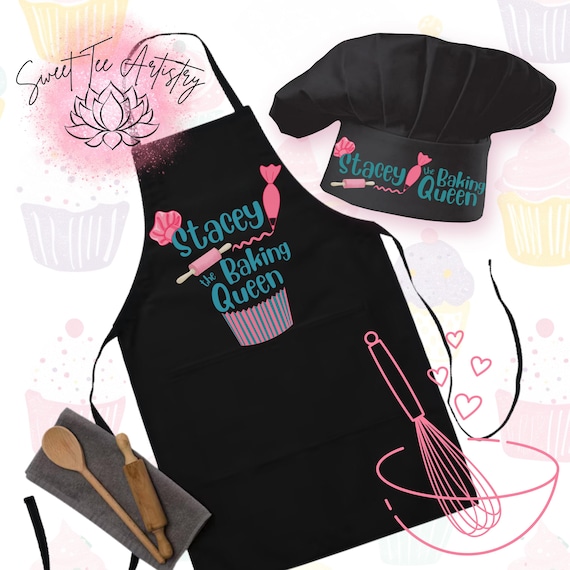 Personalized Chef's Hat and Apron Combo - Baking Queen Gift Set - Kitchen Queen Custom Apron & Chef's Hat - Personalized Baking Set