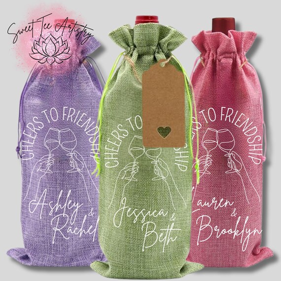 Personalized Wine Bottle Gift Bag - Cheers to Friendship - Custom Personalized Gift - Best Friends Champaign, Whiskey, Tequila, Vodka, Beer