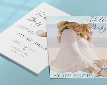 Hello Baby Shower Invitation Template: Photo, Minimalist, Teddy Bear (Digital Download)