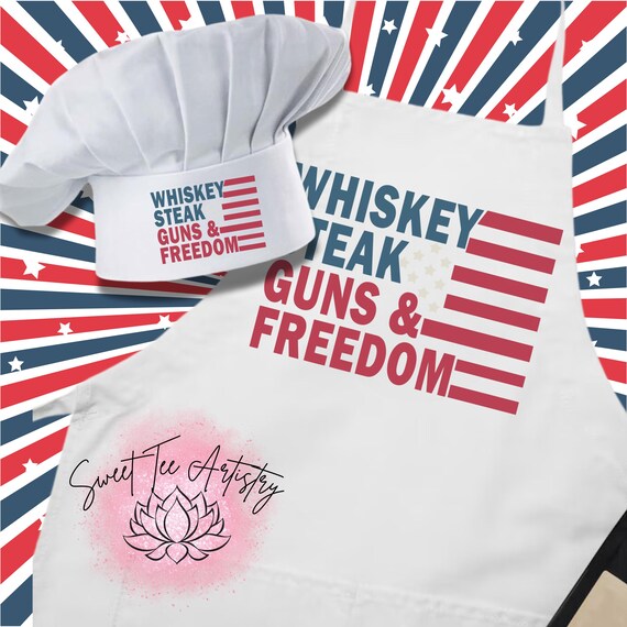 Patriotic American Flag Chef Hat and Apron Set - Whiskey Steaks Guns Freedom - Red White & BBQ - Gifts For Him - Grilling Apron