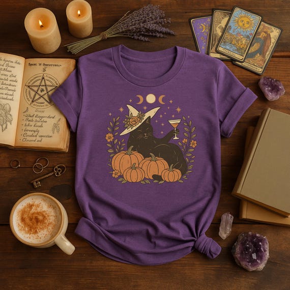 Witchy Black Cat Shirt – Halloween Fall Cat Tee, Pumpkin Martini Sweatshirt, Cozy Witchcore Aesthetic Shirt, Spooky Season Gift for Her