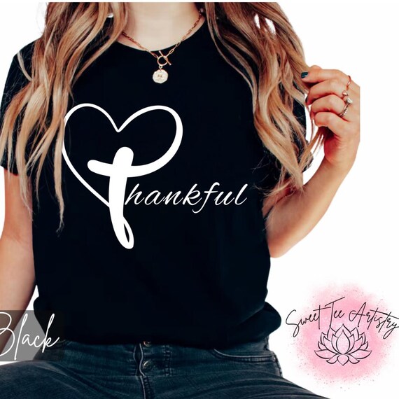 Thankful Heart Christian T-Shirt | Faith Inspired Tee | Religious Gratitude Shirt | Cross Heart Design Faithful Apparel