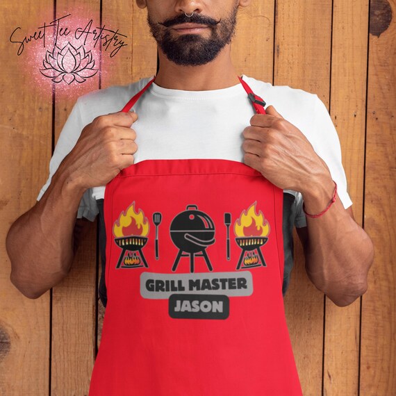 Grill Master Chef's Hat and Apron Combo – Flame Grill Design, Custom Name – Red, White, Black – Perfect Gift for BBQ Lovers