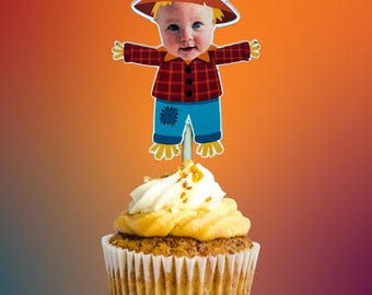 Thanksgiving Scarecrow Cupcake Toppers: Fall Photo Birthday Party Decor | Personalized Fall Festival Decor | Custom Autumn Birthday Banner