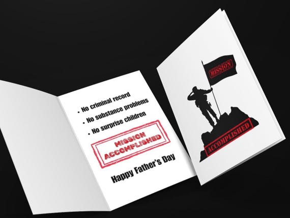 Military Custom Father's Day Card- Mission Accomplished- Parenting Mission Success- Army Navy Air Force Marines- Snarky Funny Gift For Dad