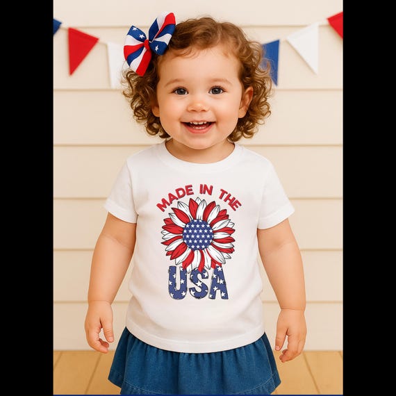 Made in the USA Kids 4th of July Shirt –Patriotic Sunflower Shirt – Baby, Toddler, Youth Sizes – Red White & Blue Independence Day Outfit