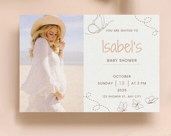 Butterfly Baby Shower Invitation Template: Minimalist Photo Invite (Canva Editable, Digital Download)