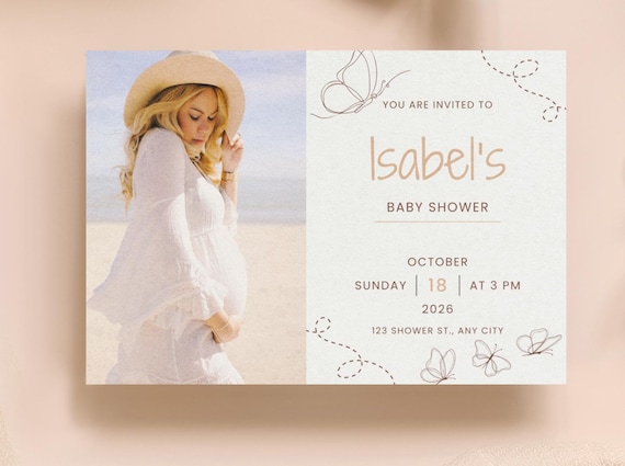 Photo Baby Shower Invitation Template, Butterfly Minimalist Invite With A Photo, Editable Invitation Download With A Photo, Canva