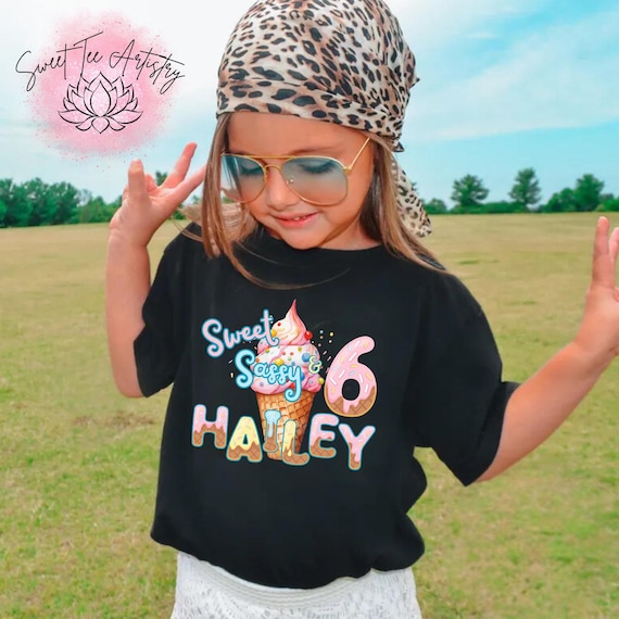 Sweet & Sassy Birthday Shirt for Girls – Personalized Ice Cream Donut 6th Birthday Tee – Custom Name Shirt for Kids Party Outfit