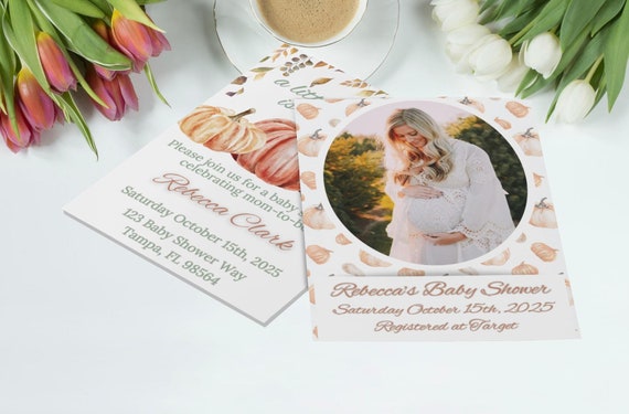 Little Pumpkin Photo Baby Shower Invitation Template, Editable Fall Rustic Gender Neutral Baby Shower Invites, Digital Instant Download