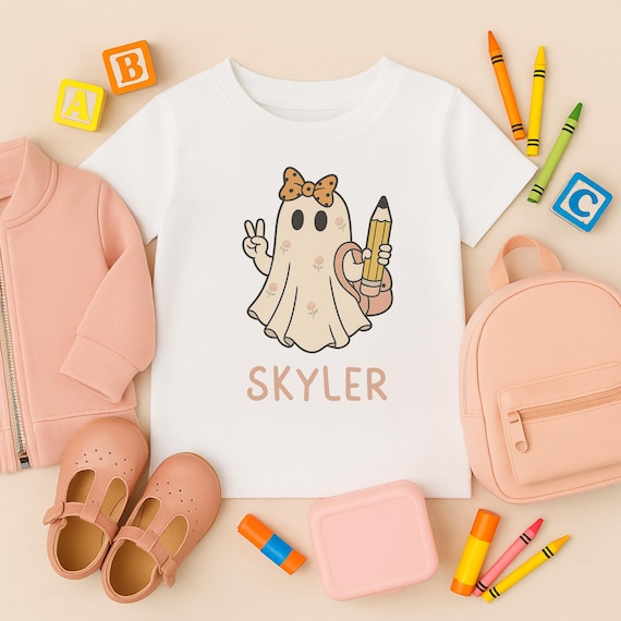 Personalized Back-to-School Girl Ghost Shirt – Toddler & Youth Halloween Tee | Custom Name Fall Shirt | Girls Peace Sign Ghost with Pencil