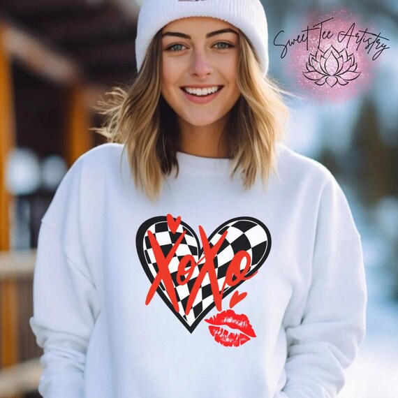 Retro Checkerboard Heart Shirt | XOXO Lips Design | Vintage Style Tee | Women's Groovy Top