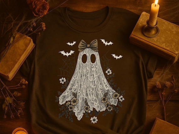 Vintage Lace Ghost Shirt – Cottagecore Halloween Shirt | Spooky Floral Gothic Aesthetic Tee | Cozy Fall Ghostcore Shirt for Women