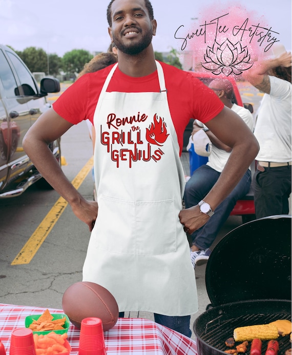 Personalized BBQ Chef's Hat & Apron Combo - Grill Genius Custom Gift - Mens Apron Set- Apron with Cap - Gift for Husband, Boyfriend, Dad