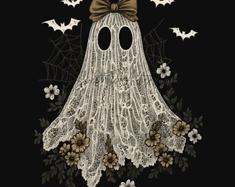 Cottagecore Ghost PNG | Halloween Digital Download | Spooky Season Sublimation File | Lace Ghost T-shirt Design | Creepy Cute Ghost Art
