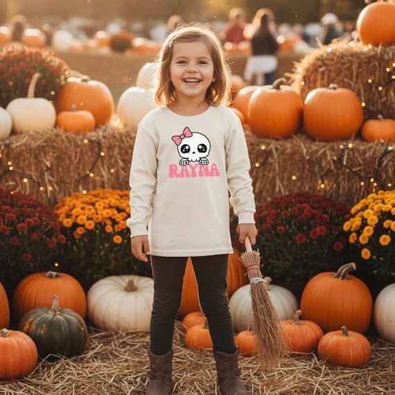Personalized Halloween Kids Shirt, Cute Girl Skull Pink Bow Tee, Custom Toddler Onesie, Spooky Season Youth Shirt, Matching Sibling Outfit