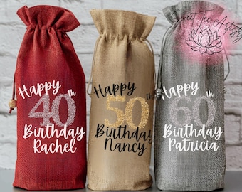 Personalized Birthday Wine Gift Bag: Glitter Number, Silky Burlap