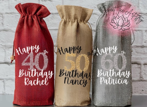 Personalized Birthday Wine Bottle Gift Bag - Happy Birthday with Glitter Number Design - Champaign, Whiskey, Tequila, Vodka Bottle Gift Bags