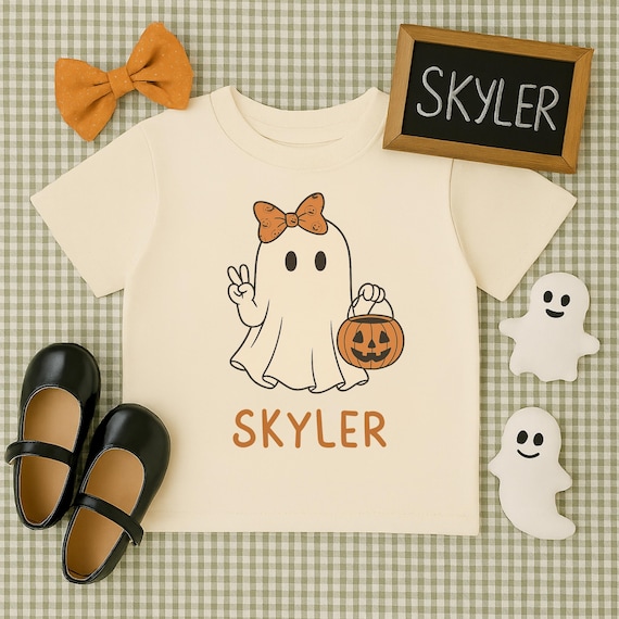 Personalized Toddler Girl Halloween Shirt – Custom Ghost Tee with Bow | Fall Preschool Outfit | Trick or Treat Shirt | Kids Halloween Top