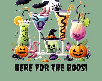 Here for the Boos PNG, Salem Witches & Cocktails Digital Download, Halloween Party Decor, Witch Theme Printable Art, Digital Download