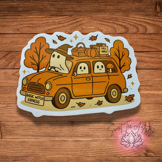 Basic Witch Express Ghost Sticker – Fall Aesthetic Car Sticker, Cozy Cottagecore Autumn Sticker, Halloween Planner Laptop Accessory