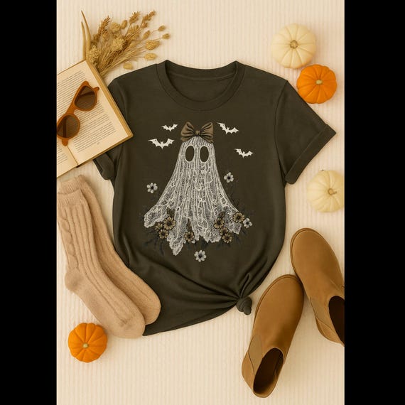 Vintage Lace Ghost Shirt – Cottagecore Halloween Shirt | Spooky Floral Gothic Aesthetic Tee | Cozy Fall Ghostcore Shirt for Women
