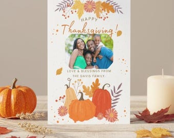 Personalized Happy Thanksgiving Card with Family Photo | Autumn Pumpkin Greeting | 5.5x8.5 Glossy Card with Envelope or Digital Download