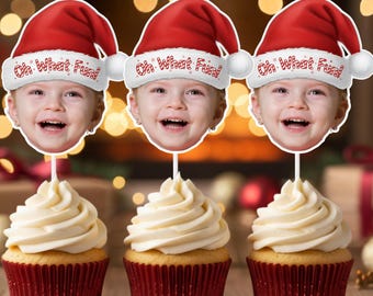 Oh What Fun Cupcake Toppers | Christmas Baby Face Topper | Personalized Santa Hat Photo Decoration | Winter ONEderland Birthday