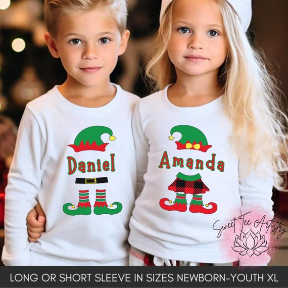 Matching Kids Christmas Shirt - Personalized Name Festive Elf Design - Custom Matching Children’s Holiday Clothing